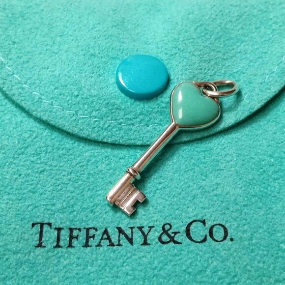 Tiffany Turquoise Blue Heart Key Necklace Charm in Silver